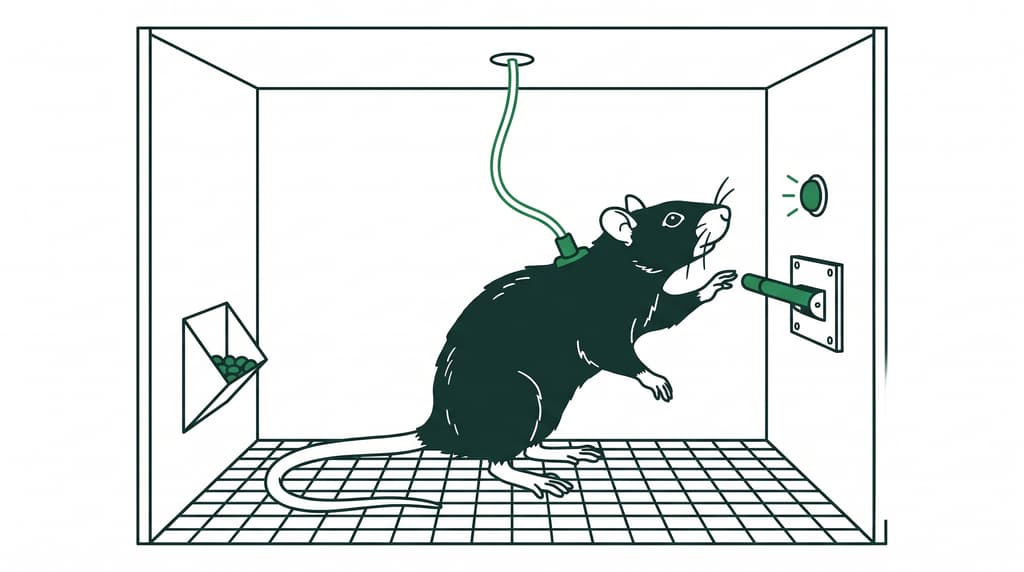 A rat rearing to press the response lever in an operant self-administration chamber, with cue light and intravenous line.