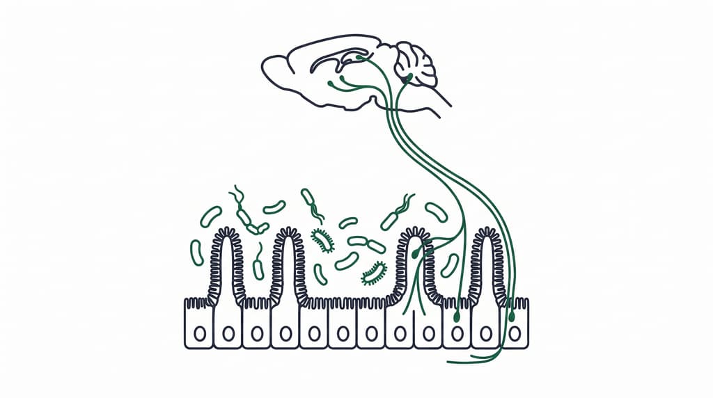 The gut–vagus–brain axis: intestinal villi and epithelial barrier with bacteria in the lumen, and vagal afferent fibres running up to the brain.